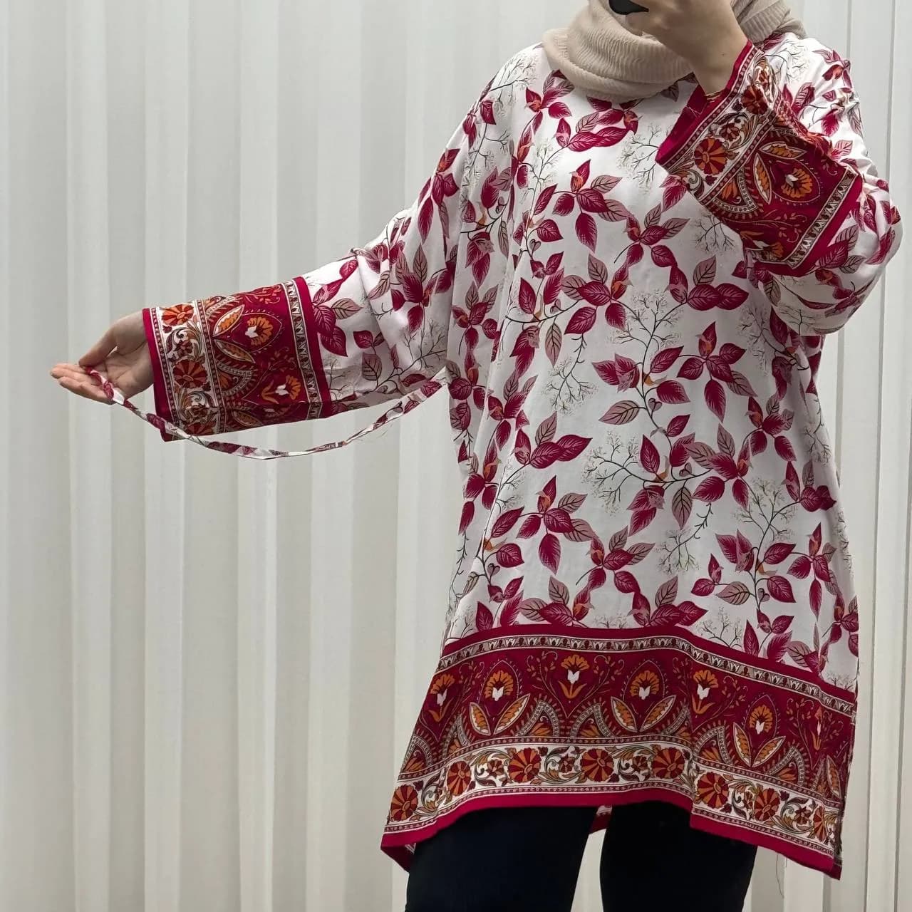 تونیک نخی فری سایز تا 52 حاشیه دار کمربنددار چهارفصل زنانه و دخترانه کد 1455 — تصویر ۳