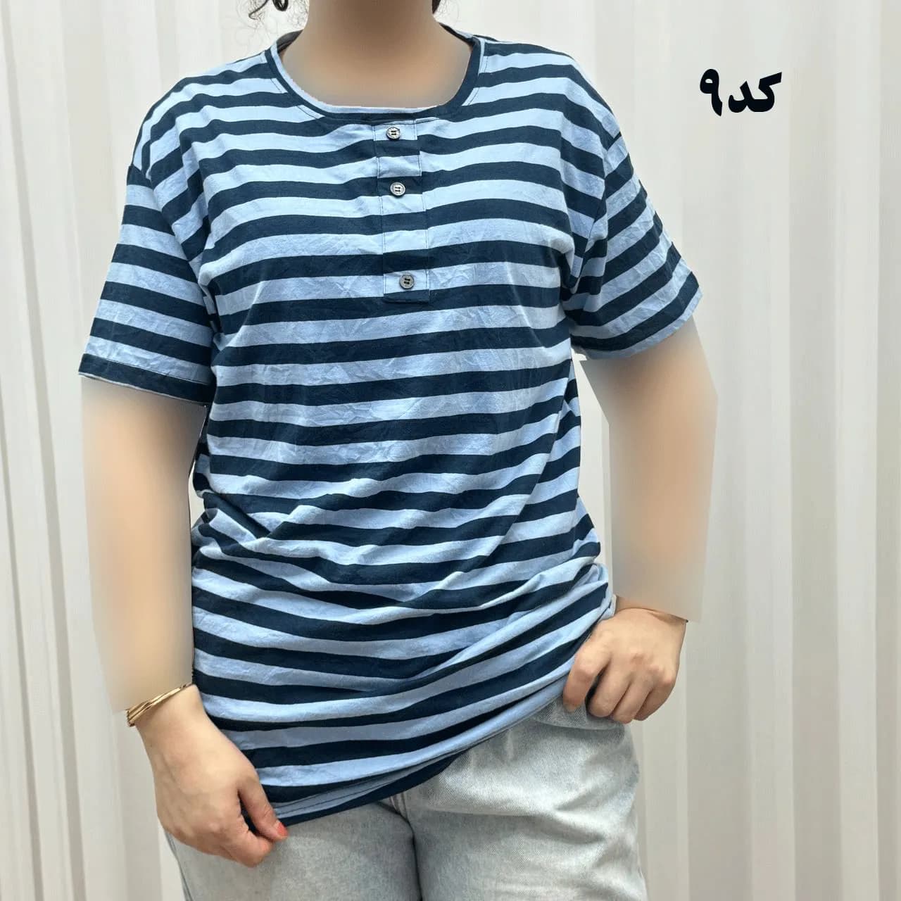 تیشرت H&M راه راه دکمه نما نخ پنبه چهارفصل زنانه و دخترانه تنخور راحت سایز بزرگ — تصویر ۵