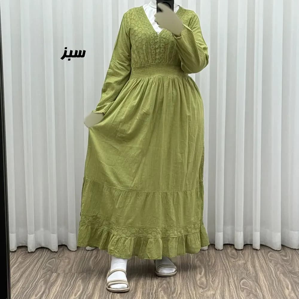 پیراهن ساحلی زنانه آستین بلند نخی تافته فری سایز مدل سلن دکمه دار آستردار — تصویر ۲