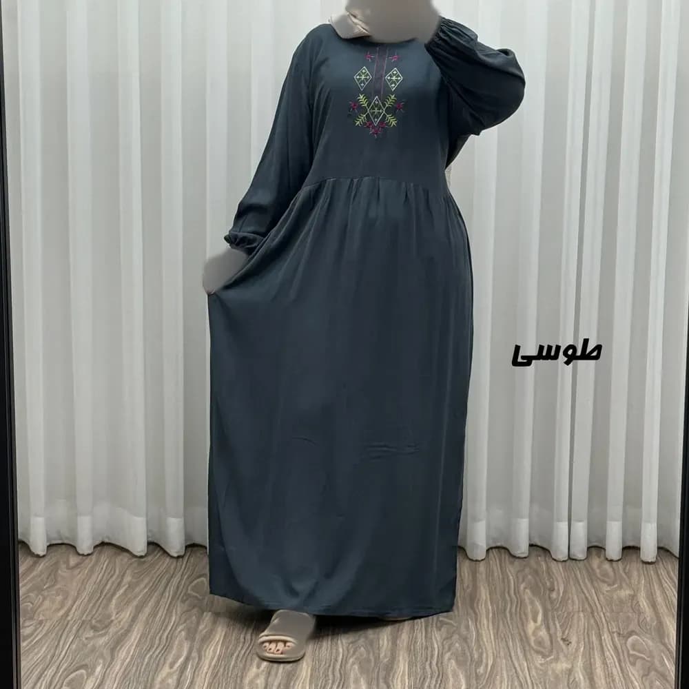 پیراهن ساحلی نخی گلدوزی شده مدل لنورا فری سایز مناسب تا 46 با کمربند — تصویر ۵