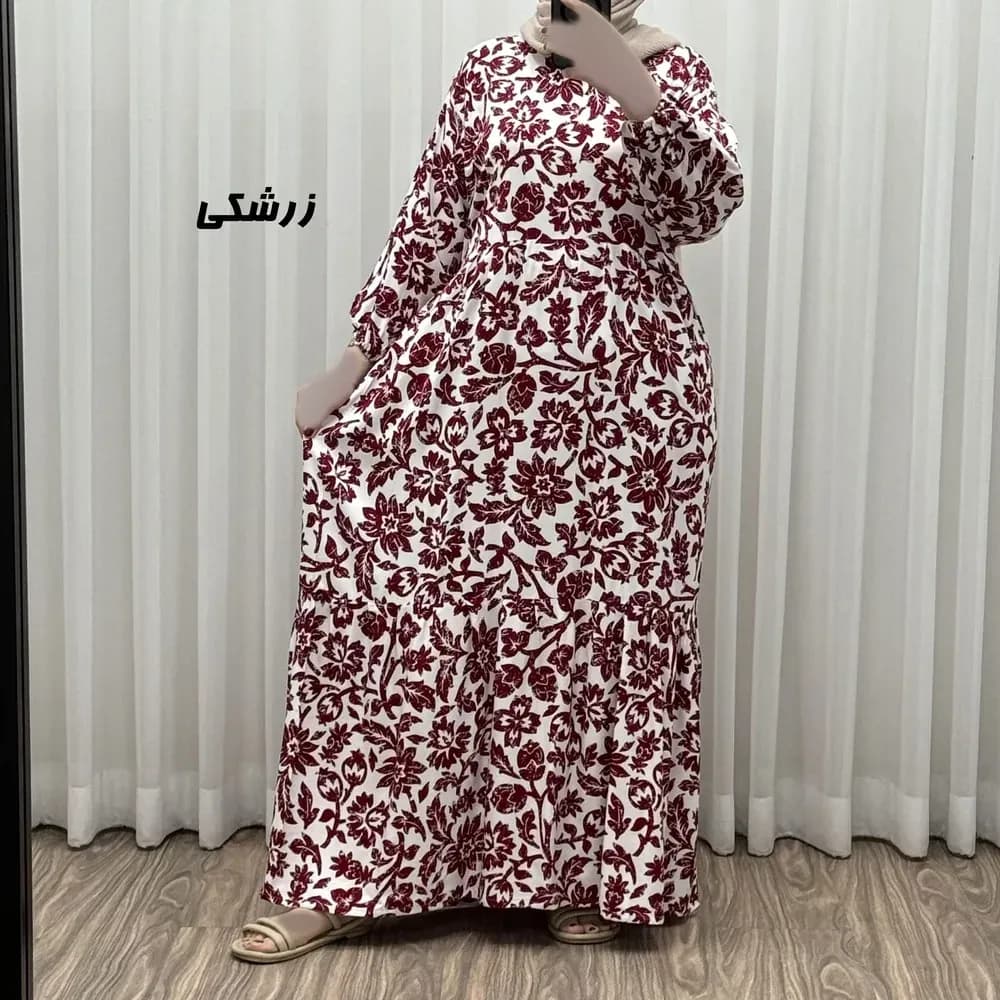 پیراهن نخی زنانه و دخترانه مدل گل یخی فری سایز مناسب تا سایز 50 با کمربند — تصویر ۲