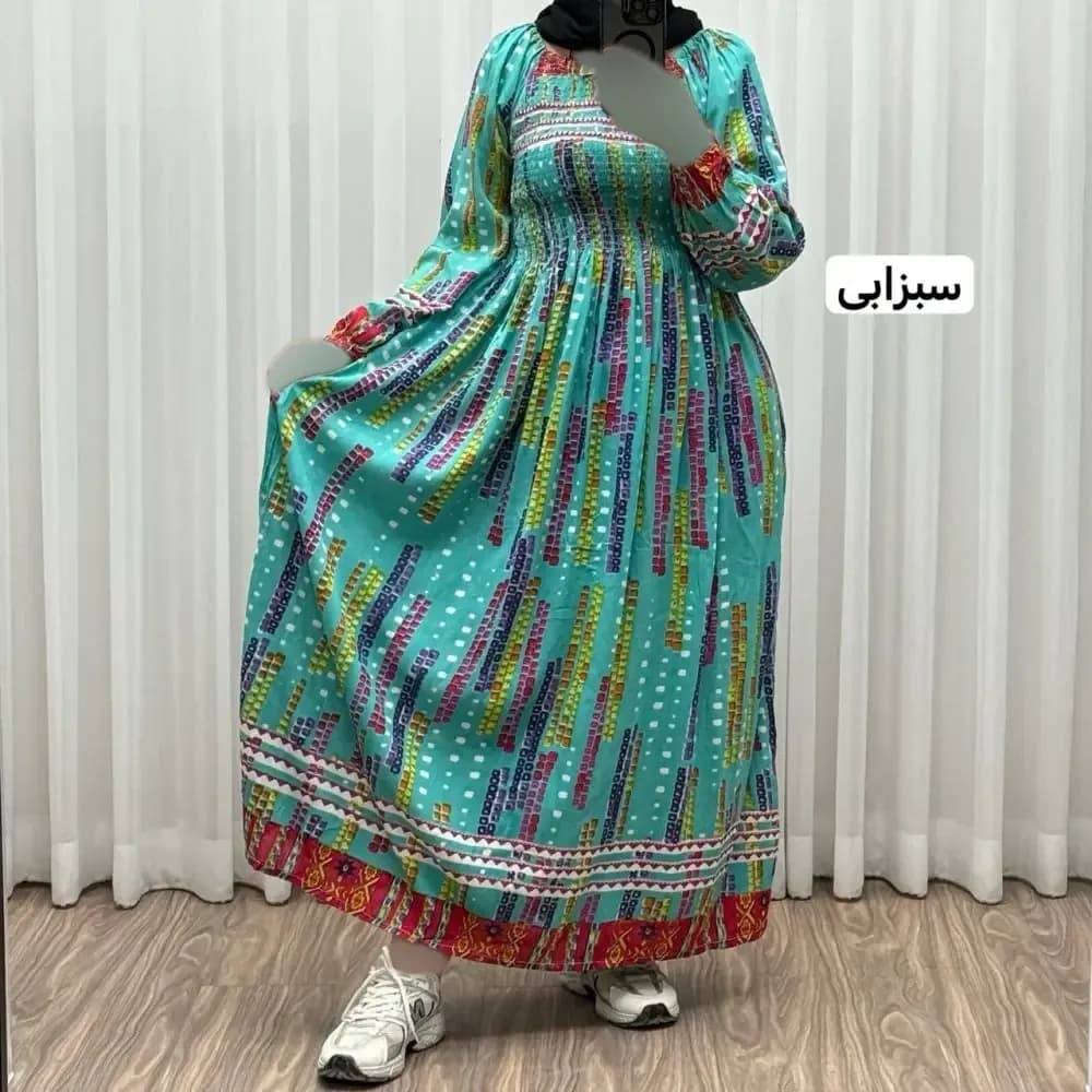 پیراهن ساحلی آستین دار هندی اطلس فری سایز تا 52 کریشه چهارفصل شیک و راحت بدون بدن نما — تصویر ۵
