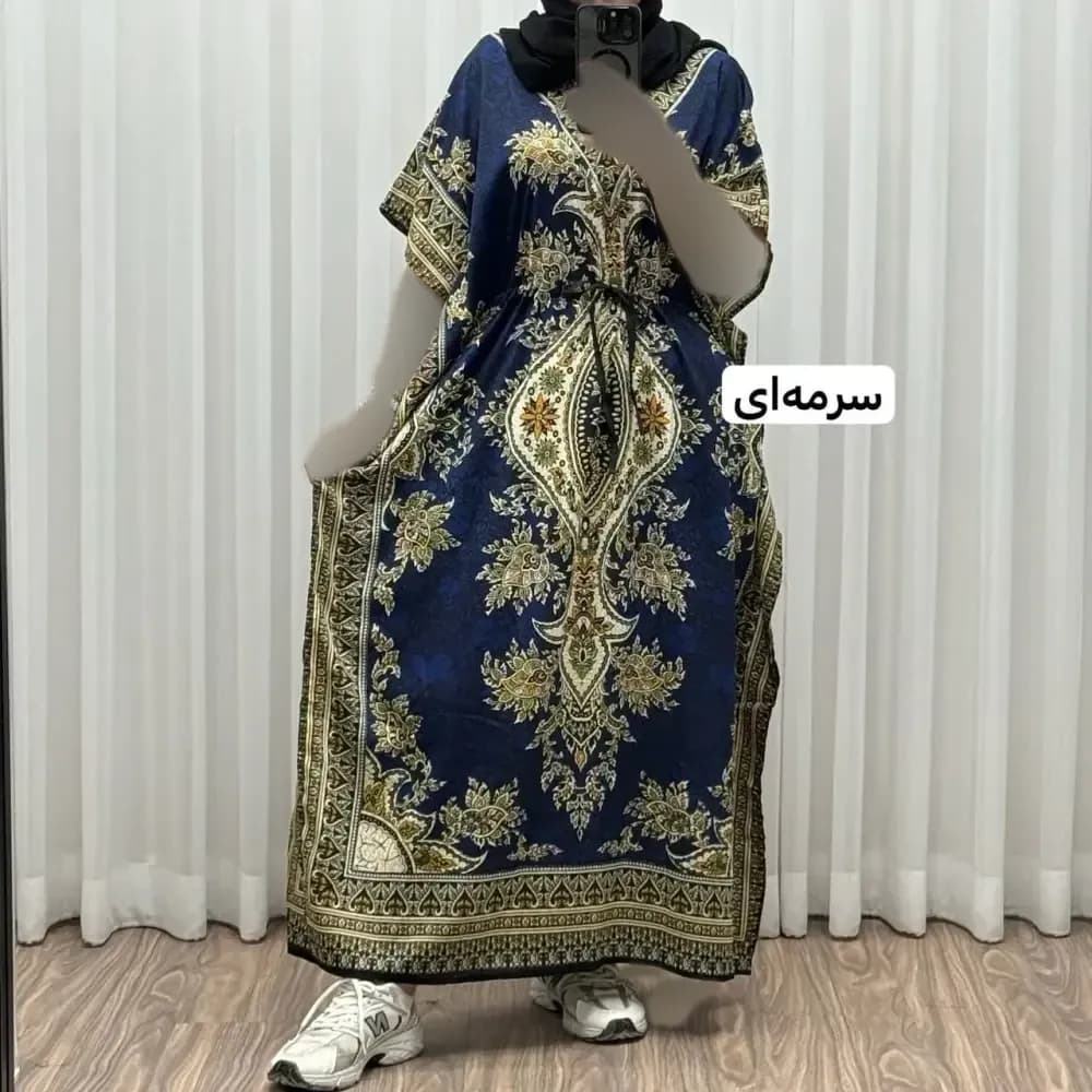 پیراهن پانچ زنانه سیلک هندی فری سایز مناسب تا 54 با قابلیت تنظیم سایز (گتدار) — تصویر ۲