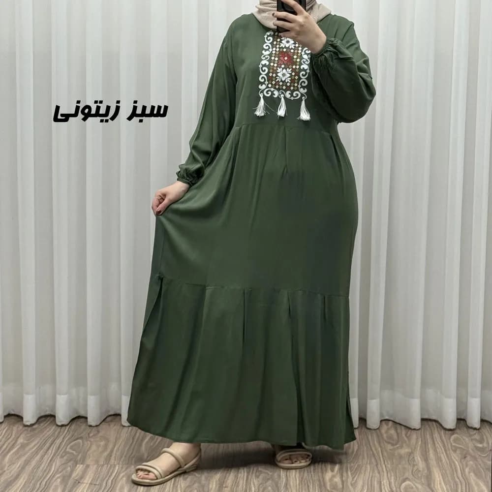 پیراهن نخی زنانه و دخترانه بلند منگولهدار فری سایز تا 50 — تصویر ۴