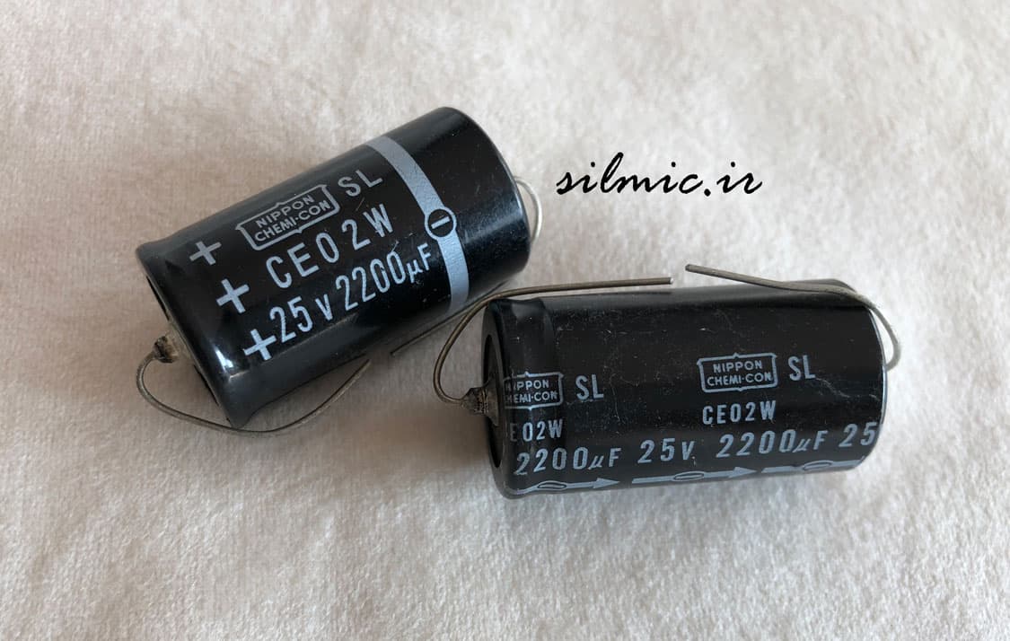خازن اکسیال 2200 میکرو فاراد 25 ولت الکترولیتی ساخت Nippon ژاپن سری SL