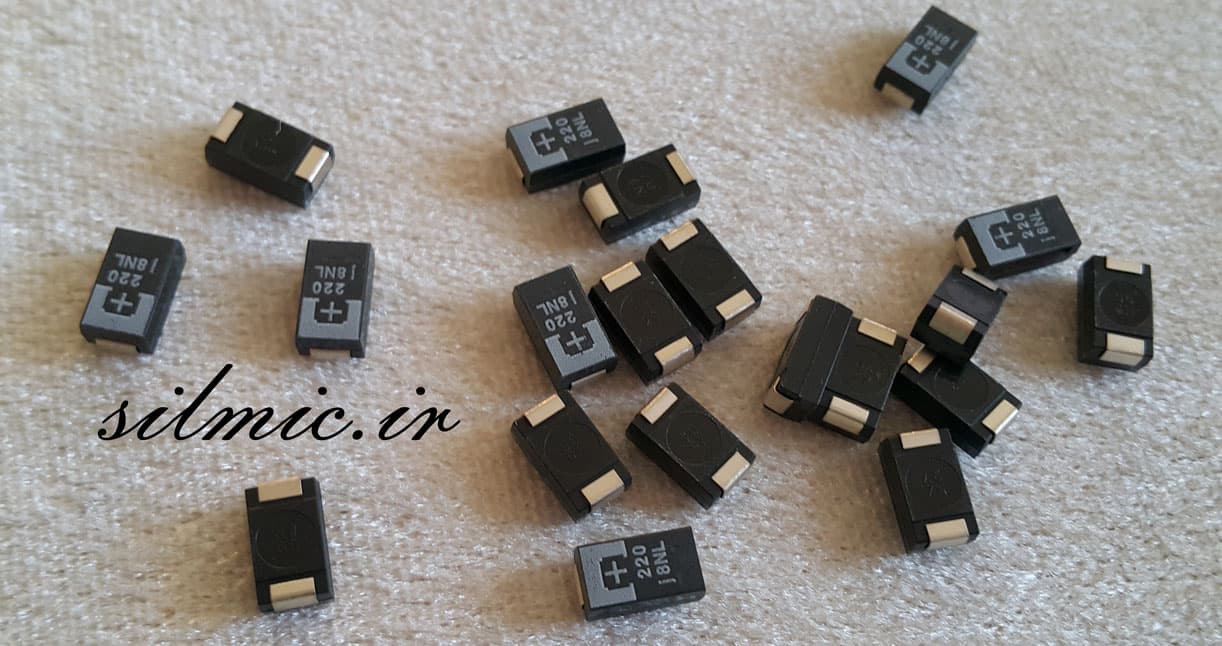 خازن تانتالیوم 220 میکرو فاراد 6.3 ولت SMD ساخت SANYO سری TPB استاندارد