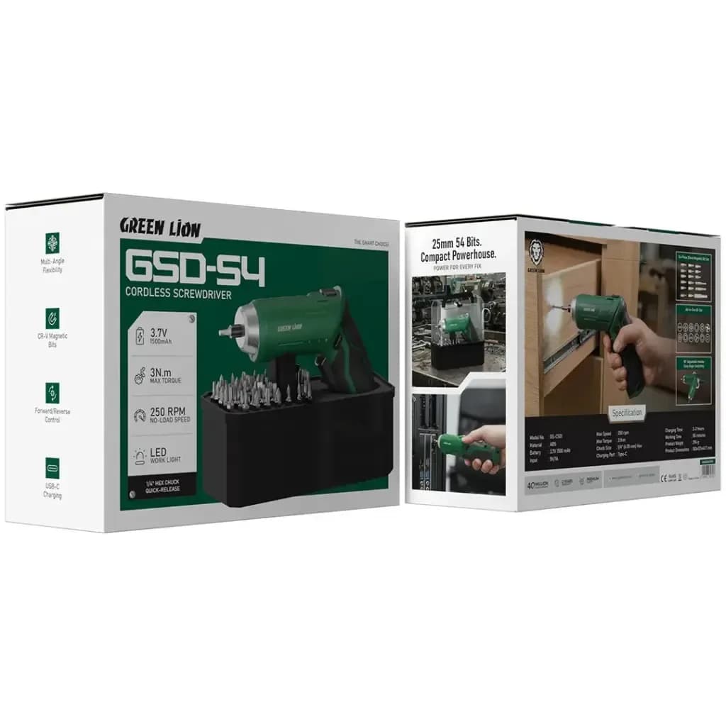 پیچ گوشتی شارژی 3.7 ولت گرین لاین مدل GSD-54 بسته ۵۴ عددی — تصویر ۲