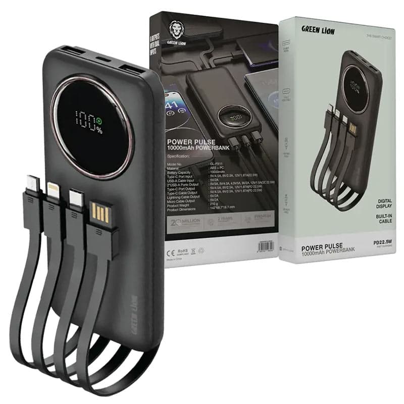پاوربانک 10000mAh فست کابل متصل گرین لاین مدل پالس Green Lion Powerbank Pulse 10000 mAh PD 22.5W