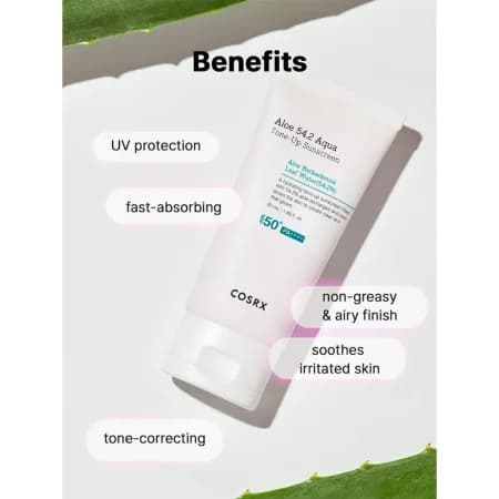 کرم ضد آفتاب مرطوب کننده بدون چربی آکوا تون آپ کوزارکس Cosrx Aloe 54.2 Aqua Tone-Up Sunscreen SPF50+ PA++++ Moisturizing sunscreen cream 50ml — تصویر ۲