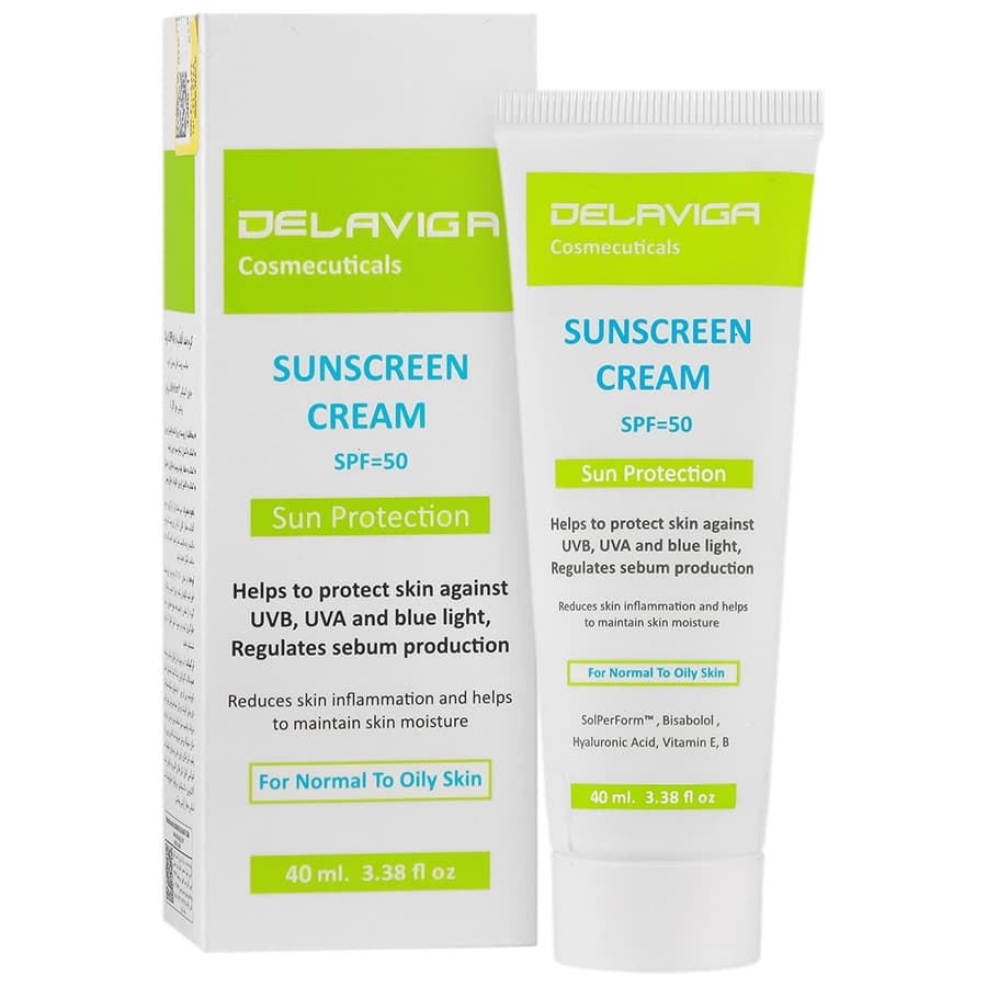 کرم ضد آفتاب SPF50 پوست معمولي تا چرب دلاویگا 40 ميل