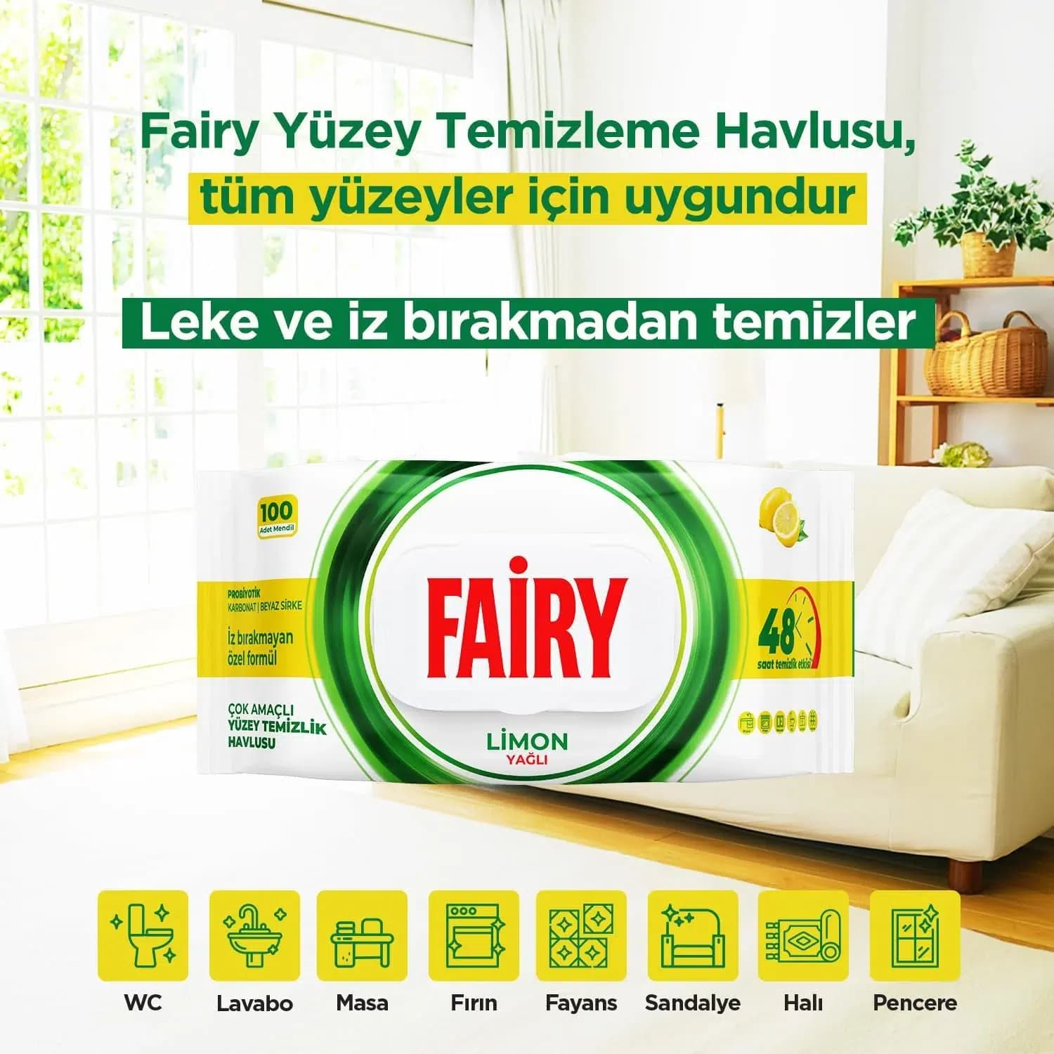 دستمال مرطوب سطوح چند منظوره فیری Fairy با رایحه لیمو | بسته 100 عددی — تصویر ۵