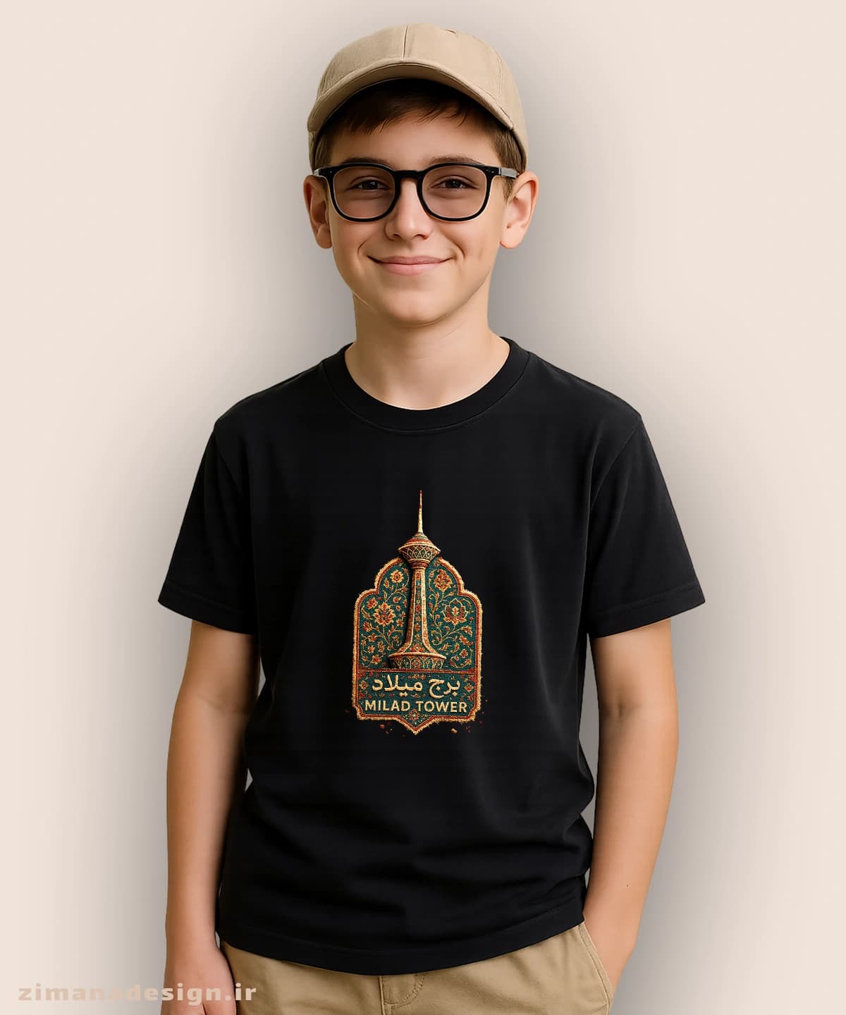 تیشرت بچگانه طرح برج میلاد تلفیق با هنر فرش ایرانی