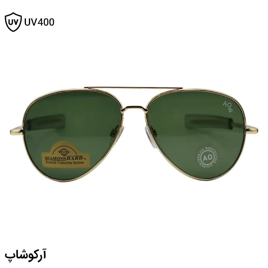 عینک آفتابی American Optical با فریم خلبانی، رنگ طلایی براق، عدسی جنس سنگ (شیشه) و سبز تیره مدل AO-1004 — تصویر ۳