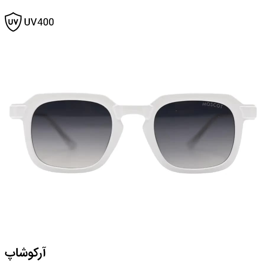 عینک آفتابی MOSCOT با فریم سفید براق، شکل مربعی و دسته سیمدار و لنز دودی هایلایت مدل 1212 — تصویر ۳