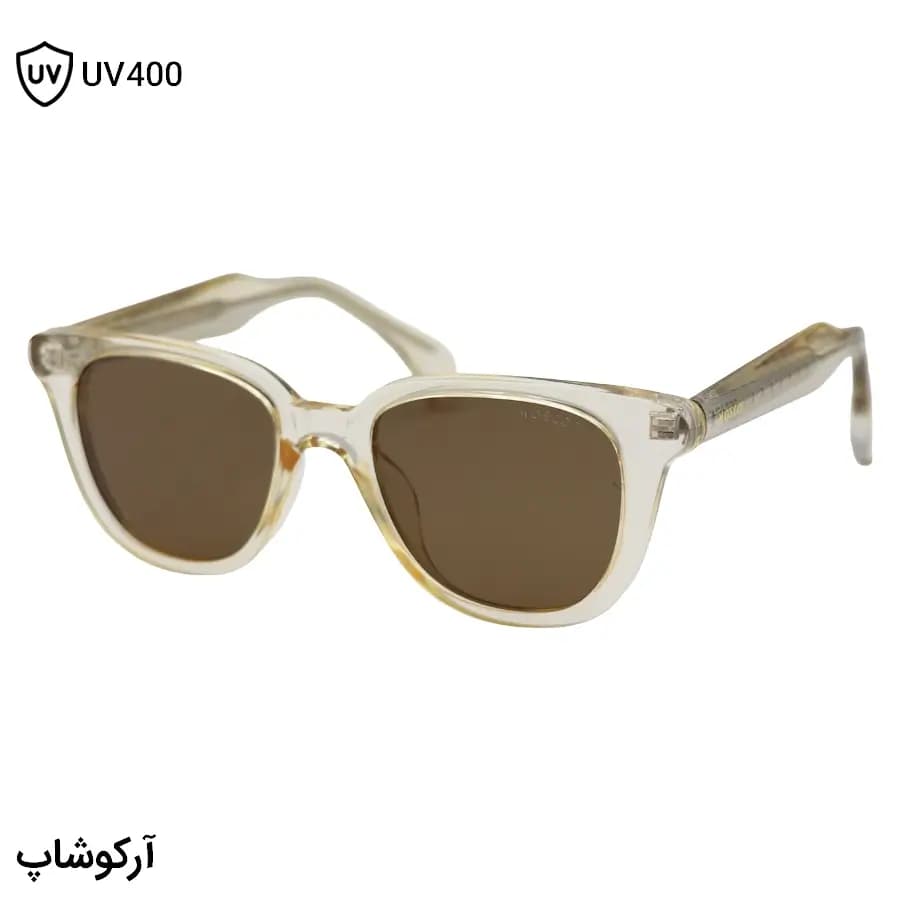 عینک آفتابی MOSCOT با فریم شکل ویفرر، رنگ عسلی براق، دسته سیمدار و لنز قهوهای تیره و پلاریزه مدل 581014