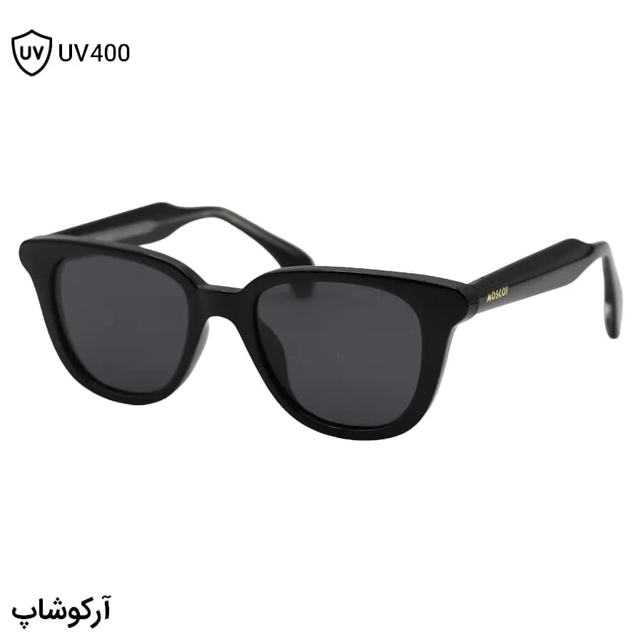 عینک آفتابی MOSCOT با فریم شکل ویفرر، رنگ مشکی براق، دسته سیمدار و لنز دودی تیره و پلاریزه مدل 581014