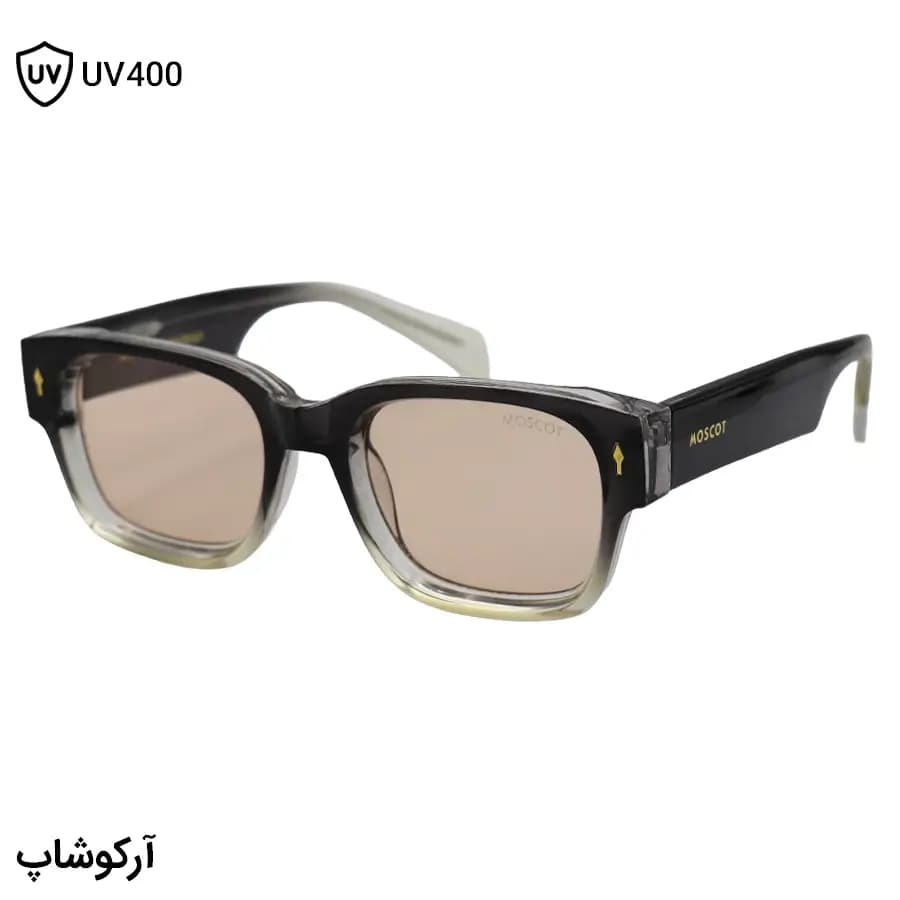 عینک آفتابی Moscot با فریم خاکستری براق، شکل مستطیلی، دسته پهن و سیمدار و لنز قهوهای روشن مدل 1201