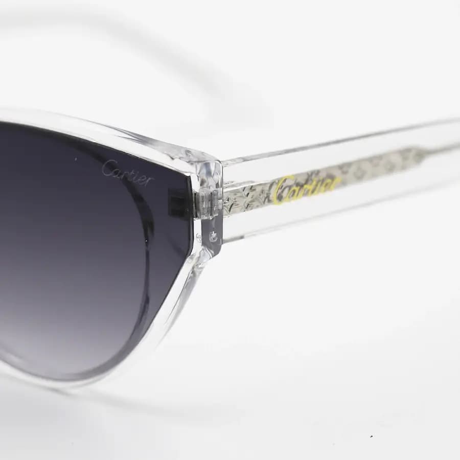 عینک آفتابی زنانه Cartier با فریم بیرنگ و شفاف، شکل چشم گربهای، دسته سیمدار و لنز دودی سایه روشن مدل 58201 — تصویر ۶