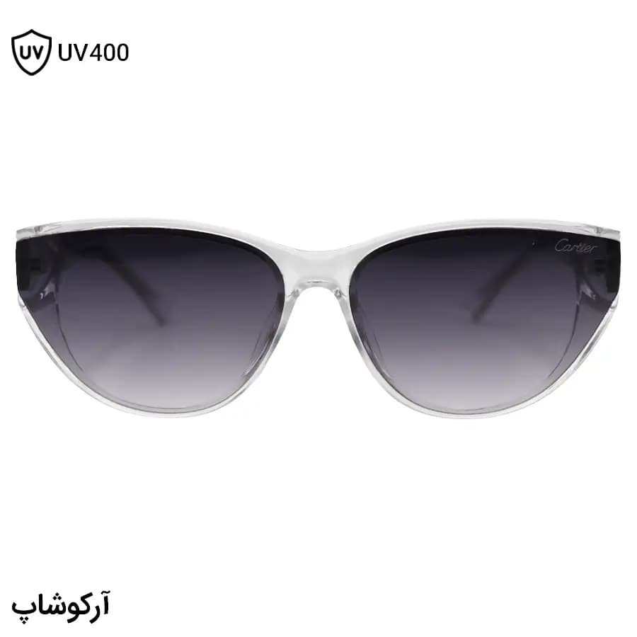 عینک آفتابی زنانه Cartier با فریم بیرنگ و شفاف، شکل چشم گربهای، دسته سیمدار و لنز دودی سایه روشن مدل 58201 — تصویر ۳