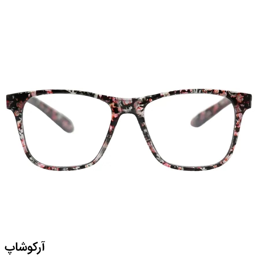 عینک مطالعه نزدیک بین نمره +3.00 با فریم چند رنگ (گلدار تیره)، مربعی شکل و دسته فنری مدل 22-9 — تصویر ۲