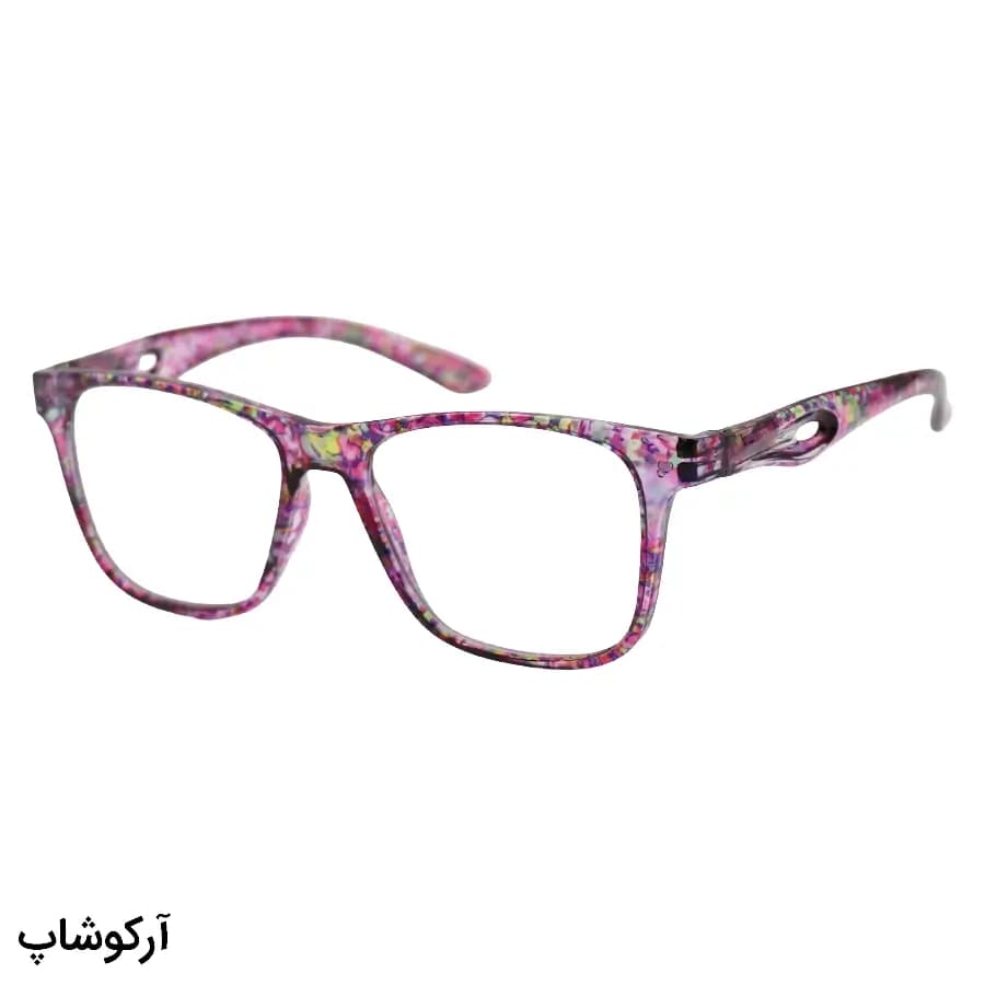 عینک مطالعه نزدیک بین نمره +2.00 با فریم صورتی پر رنگ، طرح گل گلی، مربعی شکل و دسته فنری مدل 22-9