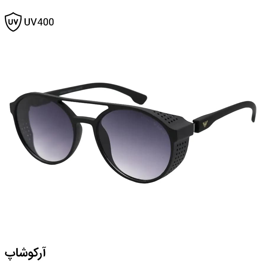 عینک آفتابی Emporio Armani با رنگ فریم مشکی مات، بغلدار، شکل گرد و لنز دودی سایه روشن مدل 1807