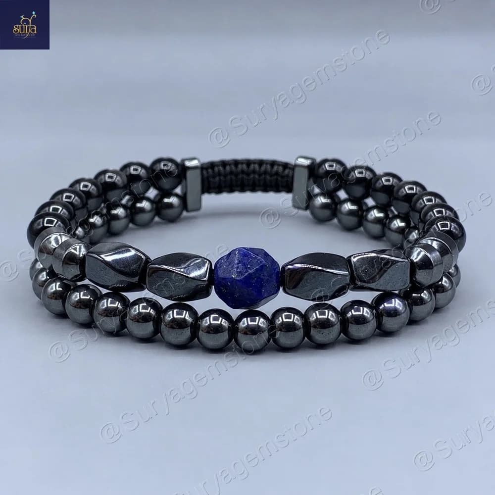 دستبند مردانه سنگی لاجورد اصل و معدنی، عقیق و حدید Iron Hand 11