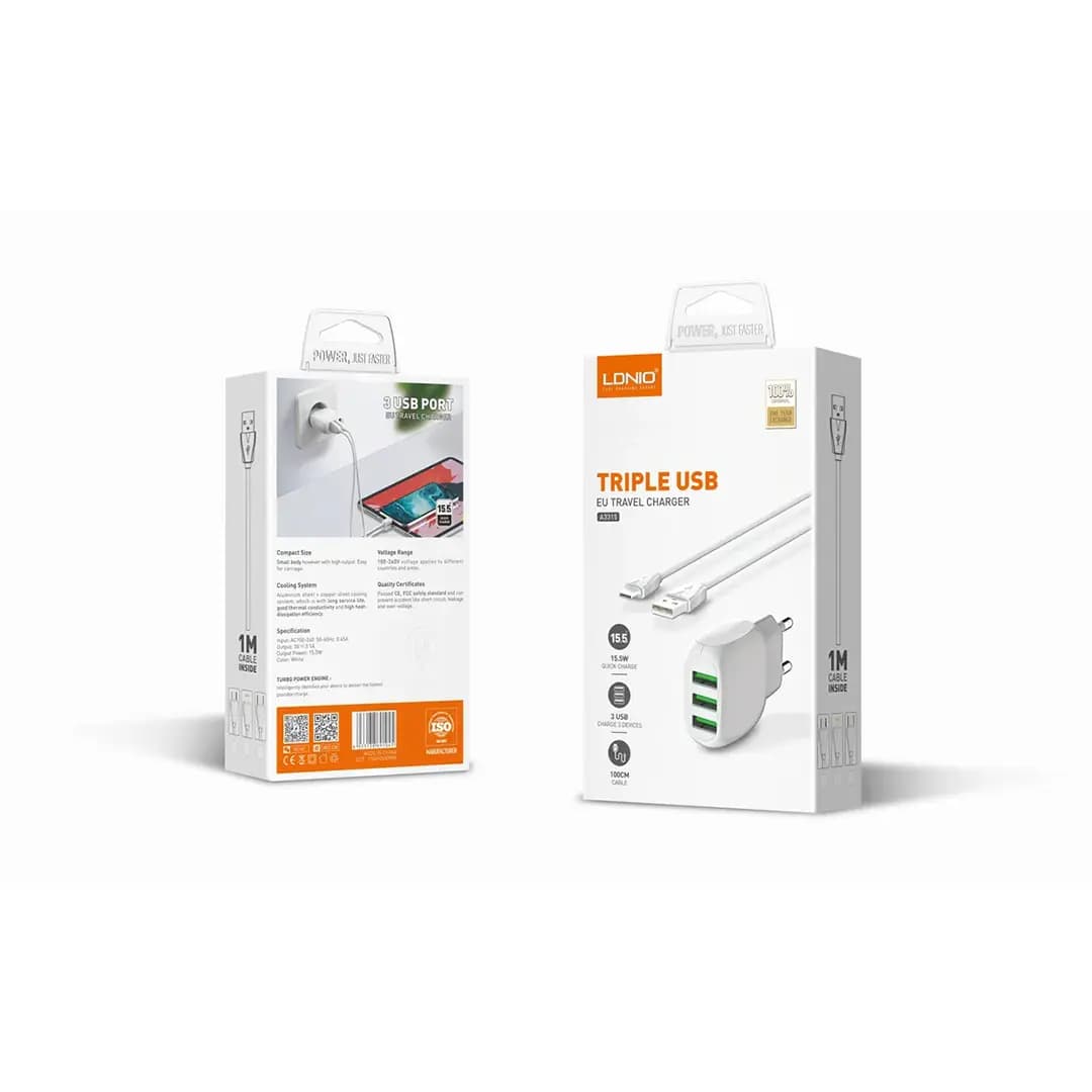 شارژر دیواری الدینیو مدل LDNIO A3315 15.5W به همراه کابل MICRO USB — تصویر ۴