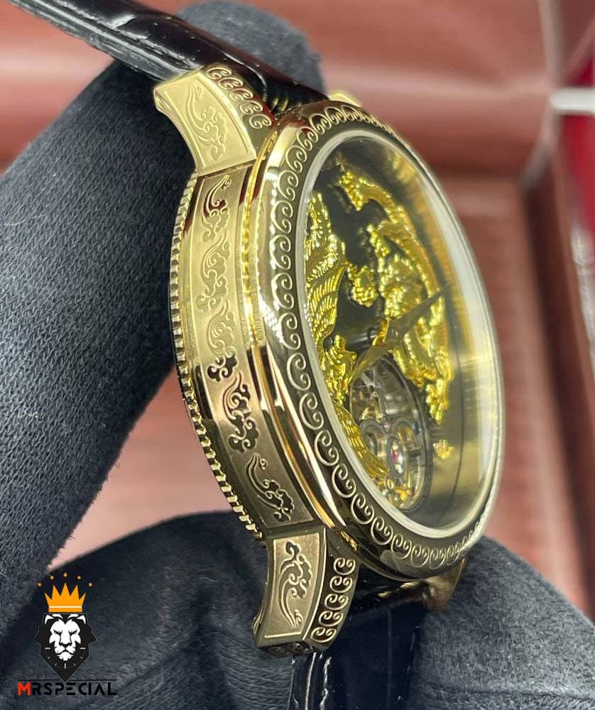 ساعت واشرون کنستانتین دراگون مردانه اتوماتیک حکاکی طلایی بند چرم صفحه مشکی طلایی Vacheron Constantin dragon 01614 — تصویر ۴