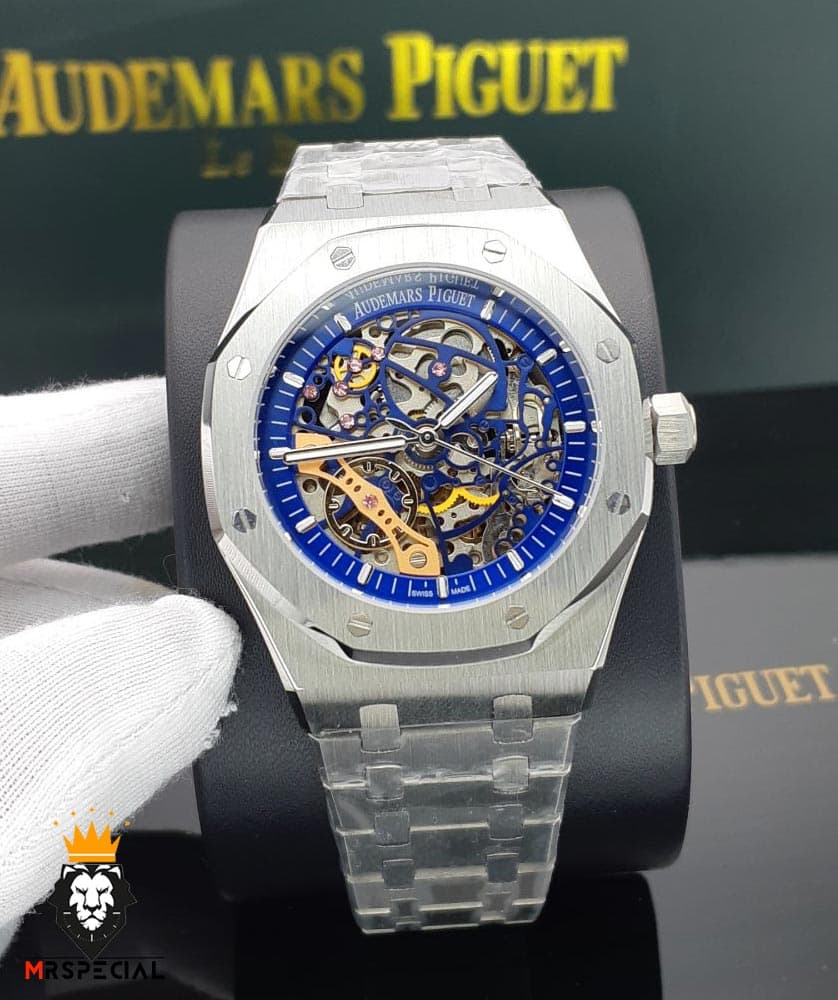 ساعت مردانه اودمار پیگه اتوماتیک استیل صفحه اسکلتون ابی AUDEMARS PIGUET ROYAL 01567 — تصویر ۲