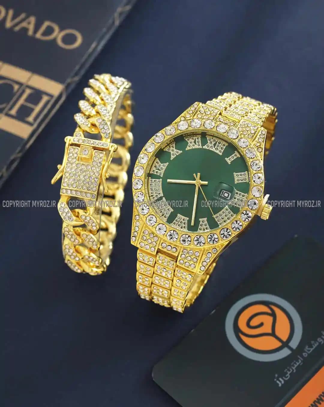 ست ساعت مچی و دستبند مردانه فول نگین رولکس ROLEX مدل 2121 — تصویر ۳
