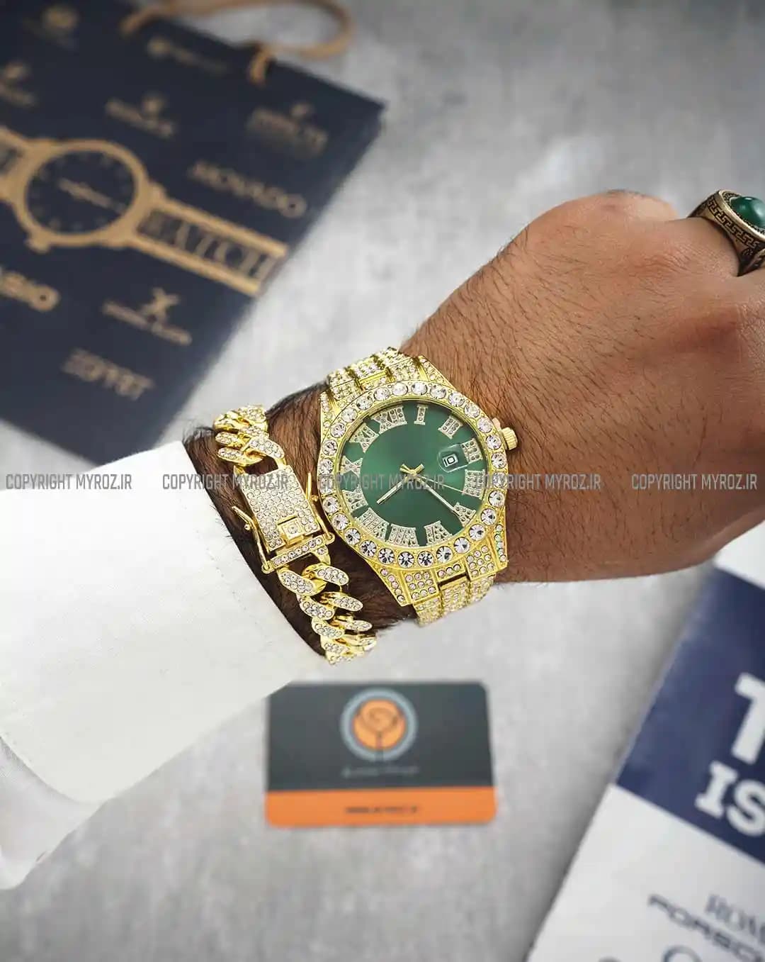 ست ساعت مچی و دستبند مردانه فول نگین رولکس ROLEX مدل 2121 — تصویر ۲