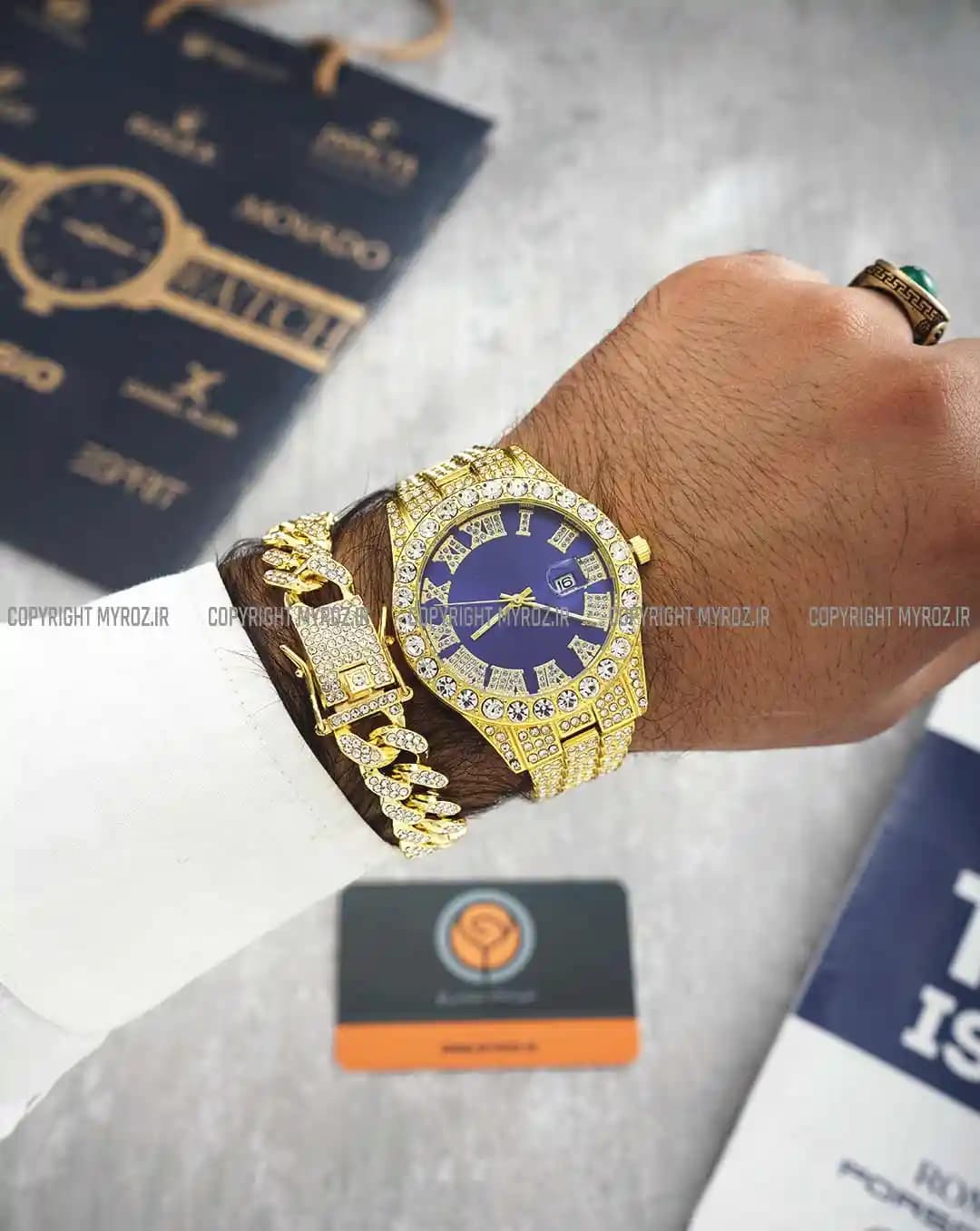 ست ساعت مچی و دستبند مردانه فول نگین رولکس ROLEX مدل 2120 — تصویر ۲