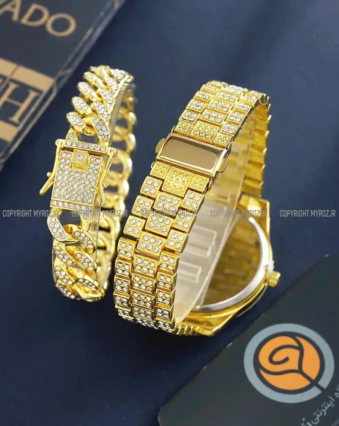 ست ساعت مچی و دستبند مردانه فول نگین رولکس ROLEX مدل 2120 — تصویر ۵