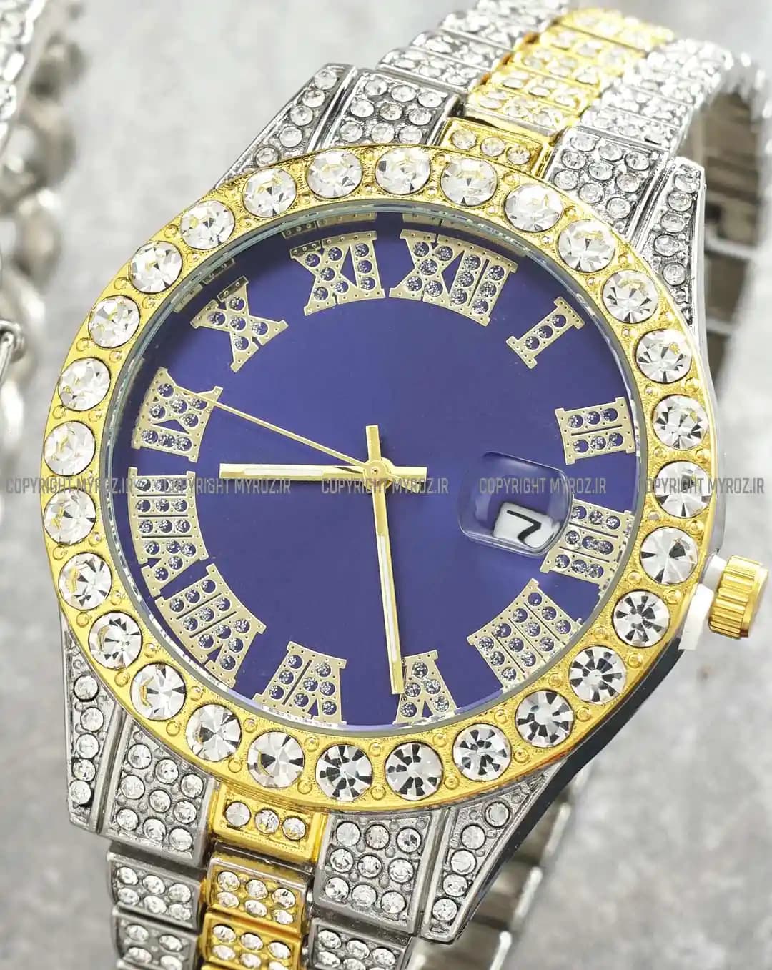 ست ساعت مچی و دستبند مردانه فول نگین رولکس ROLEX مدل 2119 — تصویر ۵