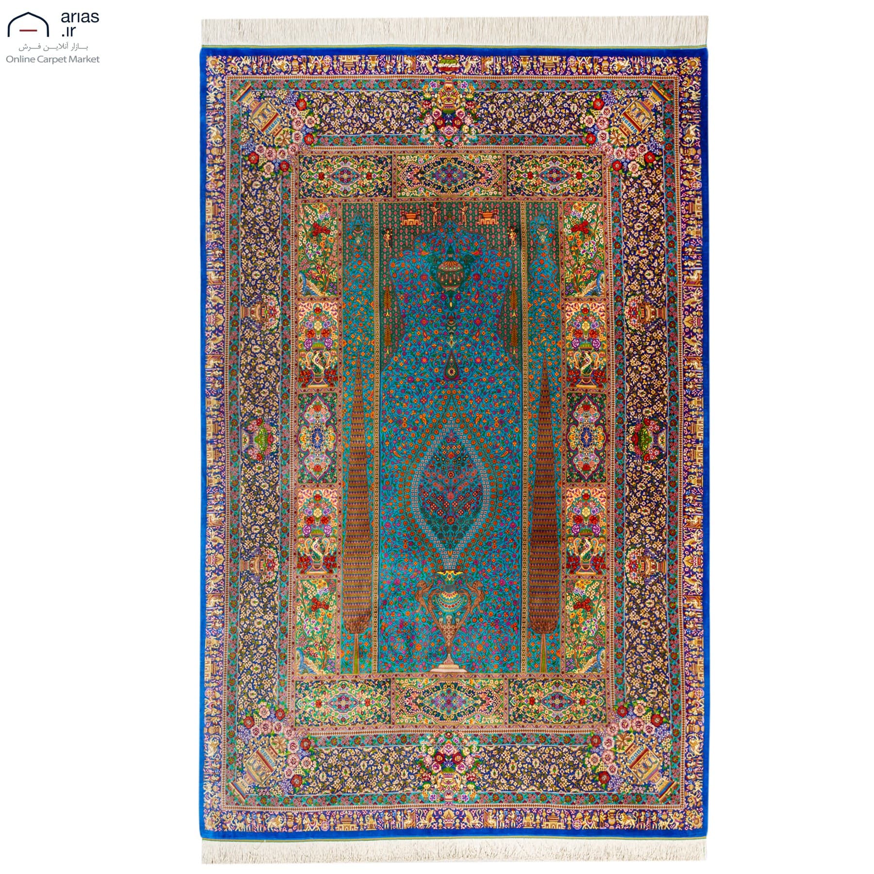 فرش دستباف سه متری تمام ابریشم یک طرفه نقشه سروی مارک عربلو کد D02382G