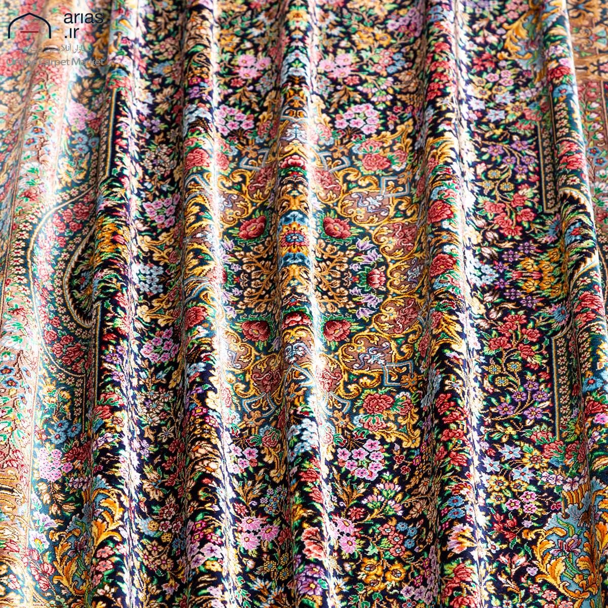 فرش دستباف سه متری تمام ابریشم زمینه سرمه ای مارک مهربخش کد D02342G — تصویر ۵