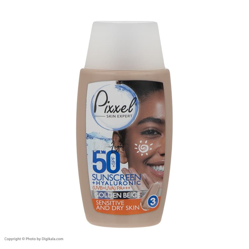 کرم ضد آفتاب رنگی پیکسل، 50 SPF، مدل GOLDEN BEIGE، مناسب پوست نرمال، خشک و حساس تنالیته رنگ تیره و حجم 50 میلیلیتر، محافظت کننده در برابر اشعه UVA و UVB، ضد حساسیت، +++ PA، آبرسان، با ماندگاری 2 ساعت — تصویر ۶