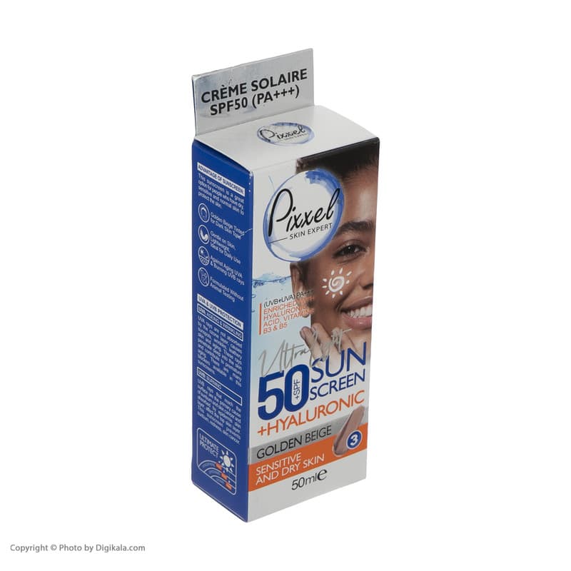 کرم ضد آفتاب رنگی پیکسل، 50 SPF، مدل GOLDEN BEIGE، مناسب پوست نرمال، خشک و حساس تنالیته رنگ تیره و حجم 50 میلیلیتر، محافظت کننده در برابر اشعه UVA و UVB، ضد حساسیت، +++ PA، آبرسان، با ماندگاری 2 ساعت — تصویر ۵