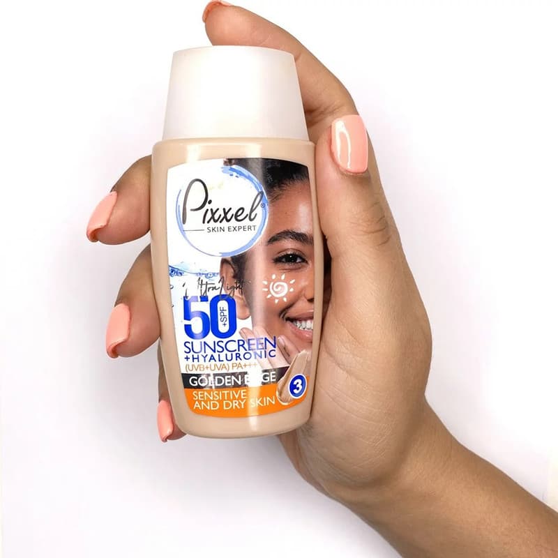 کرم ضد آفتاب رنگی پیکسل، 50 SPF، مدل GOLDEN BEIGE، مناسب پوست نرمال، خشک و حساس تنالیته رنگ تیره و حجم 50 میلیلیتر، محافظت کننده در برابر اشعه UVA و UVB، ضد حساسیت، +++ PA، آبرسان، با ماندگاری 2 ساعت — تصویر ۸
