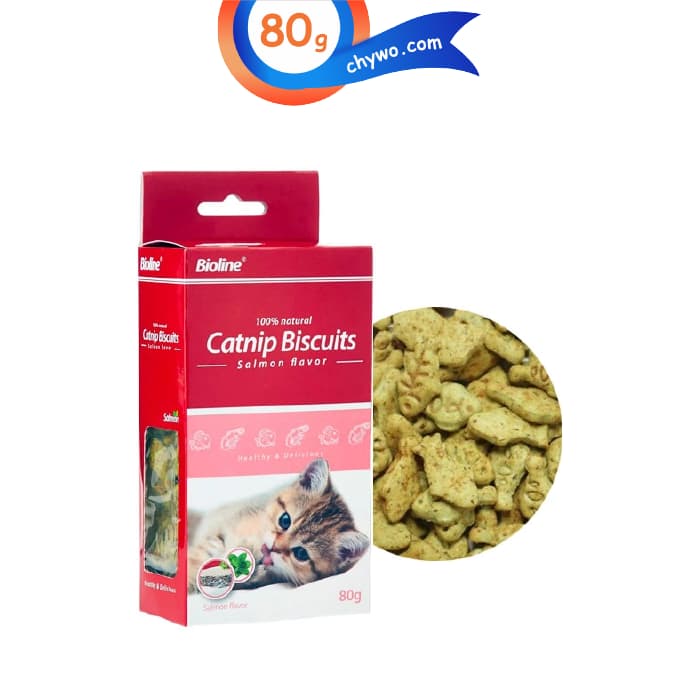 تشویقی بیسکوییتی گربه حاوی کت نیپ برند بایولاین طعم ماهی سالمون وزن 80 گرم Bioline Catnip Biscuits