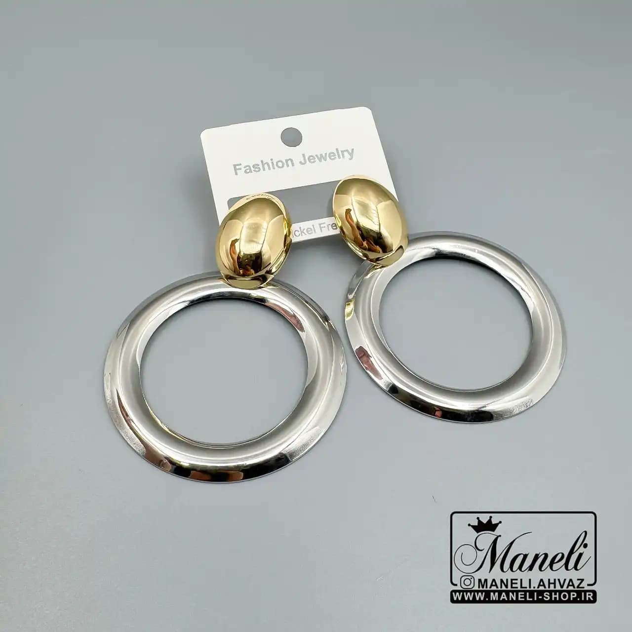 گوشواره (فشن )حلقهای دو رنگ طلایی و سیلور – استیل رنگ ثابت با آبکاری درجه یک14040324 — تصویر ۲