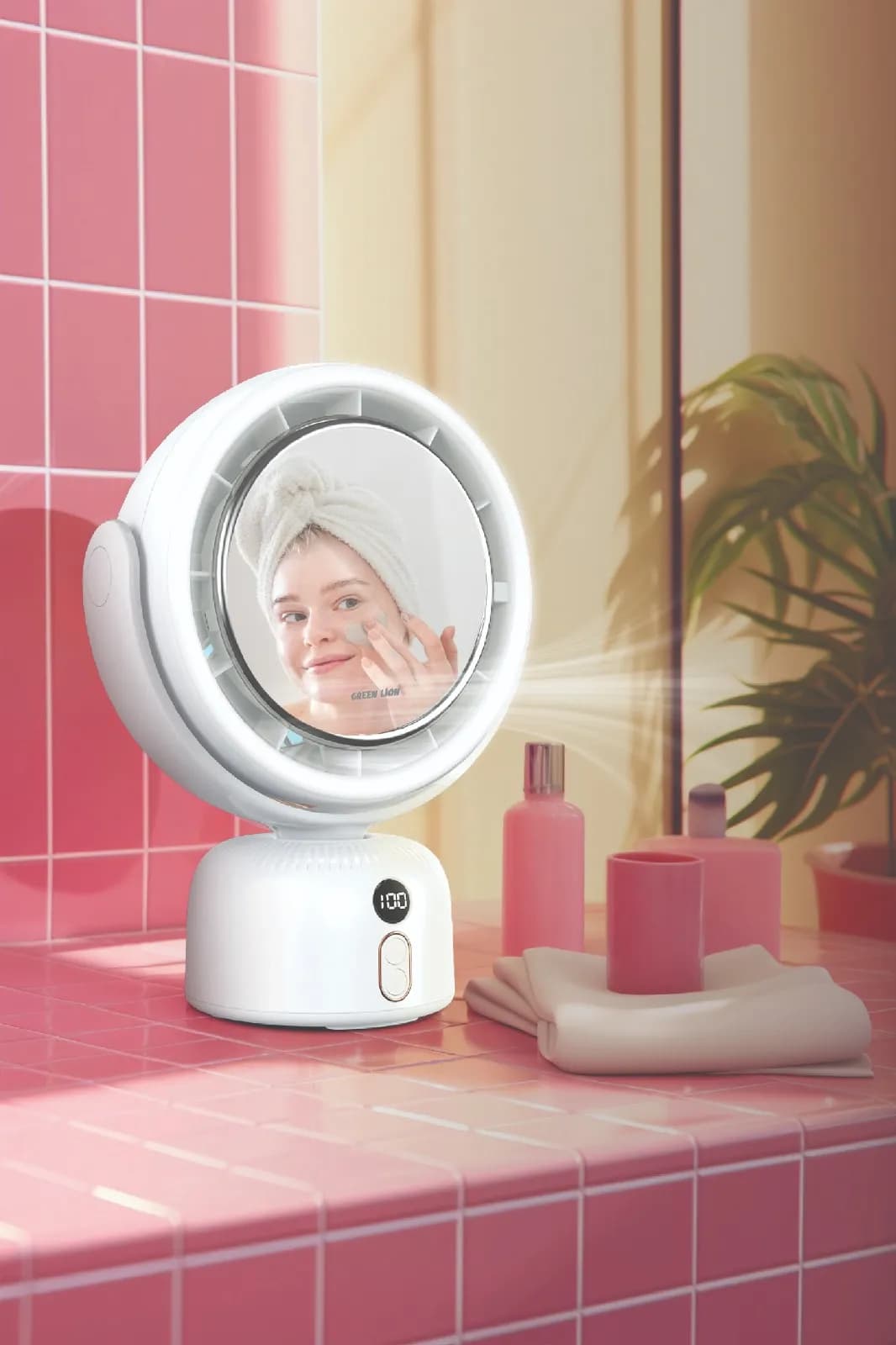 آینه آرایشی LED با فن چندسرعته مدل Makeup Mirror Fan گرین لاین — تصویر ۳