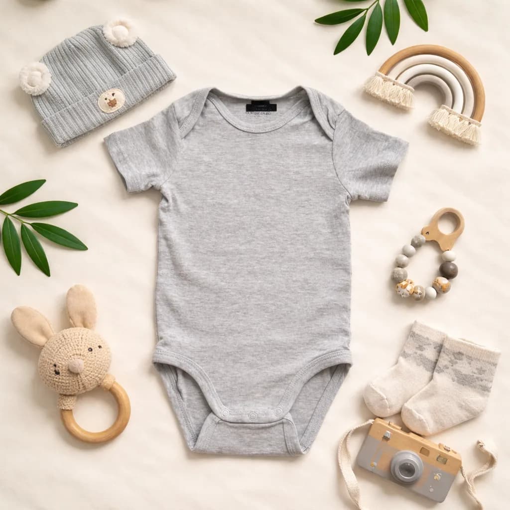 بادی آستین کوتاه نوزادی وارداتی ساده رنگ طوسی برند H&M