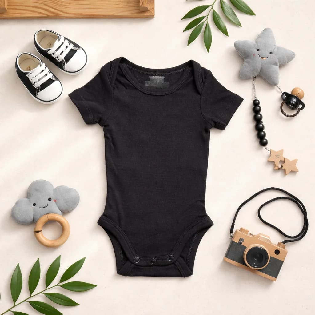 بادی آستین کوتاه نوزادی وارداتی ساده رنگ مشکی برند H&M