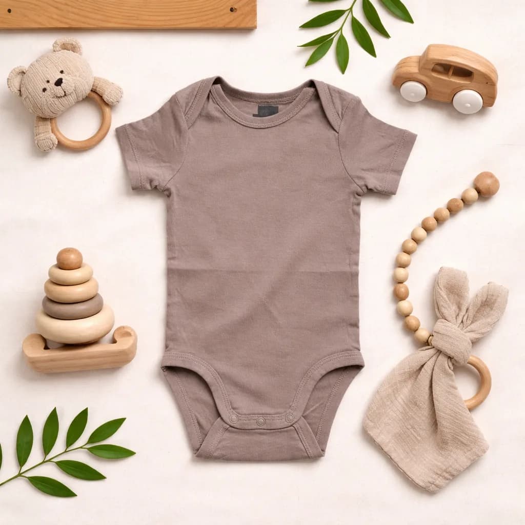 بادی آستین کوتاه نوزادی وارداتی ساده رنگ شکلاتی برند H&M