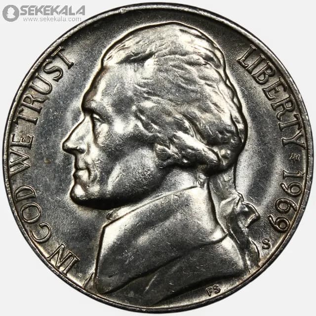 سکه 5 سنت آمریکا 1969 S (جفرسون)(UNC)