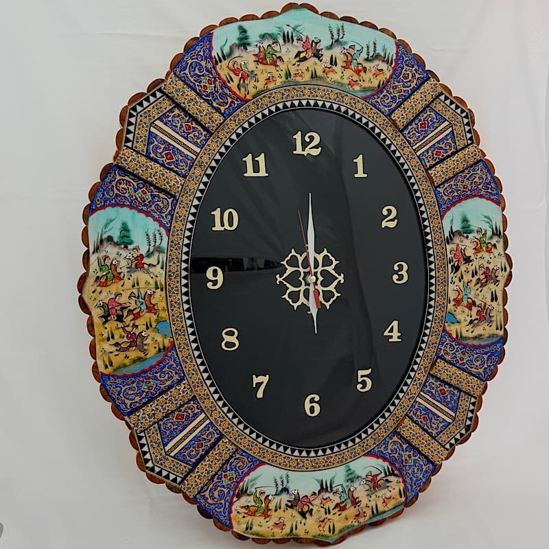 ساعت دیواری بیضی خاتم کاری اسب و شکار 50در60 — تصویر ۵