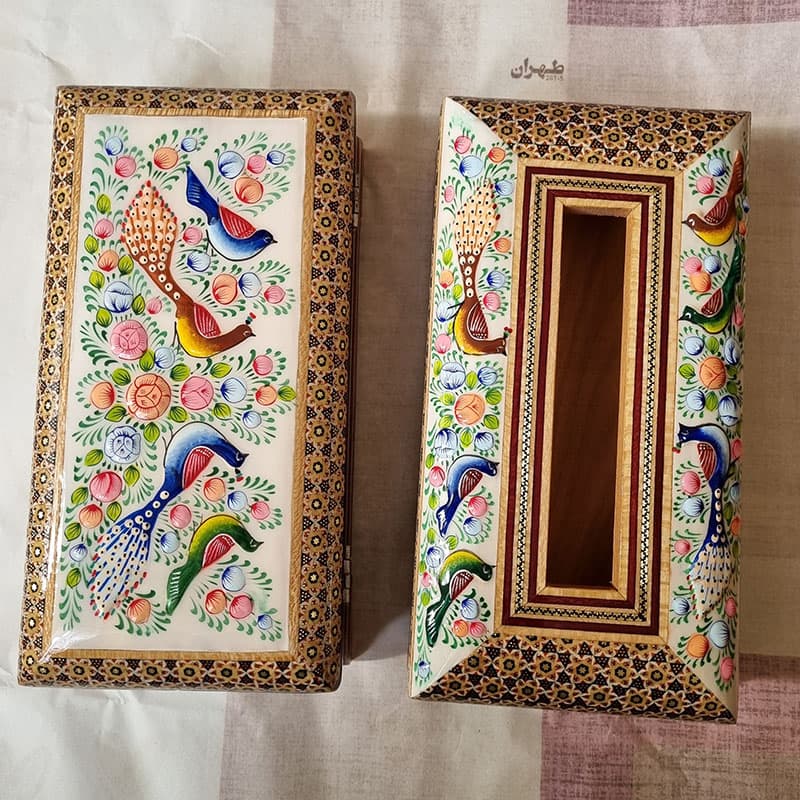 جعبه دستمال کاغذی و جاقاشقی خاتم کاری گل و بلبل — تصویر ۲