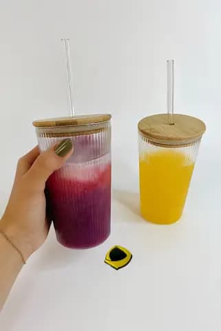 لیوان اسموتی شیاردار با درب بامبو
